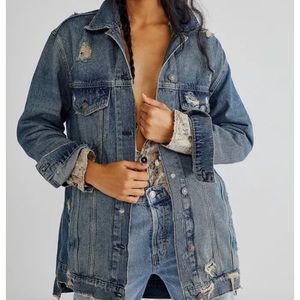 We the Free Free People Destroyed Long & Lean Trucker Jacket Denim